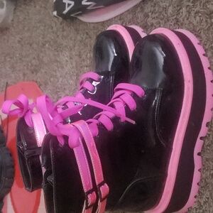 Slacker Neon Pink Black Patent Platform Combat Ankle Boots Rave Festival
